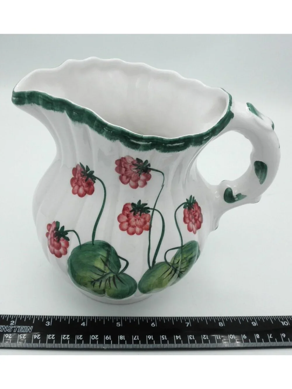 Italian Pottery Creamer Hand Painted Raspberries  Ribbed Ceramic Well Made